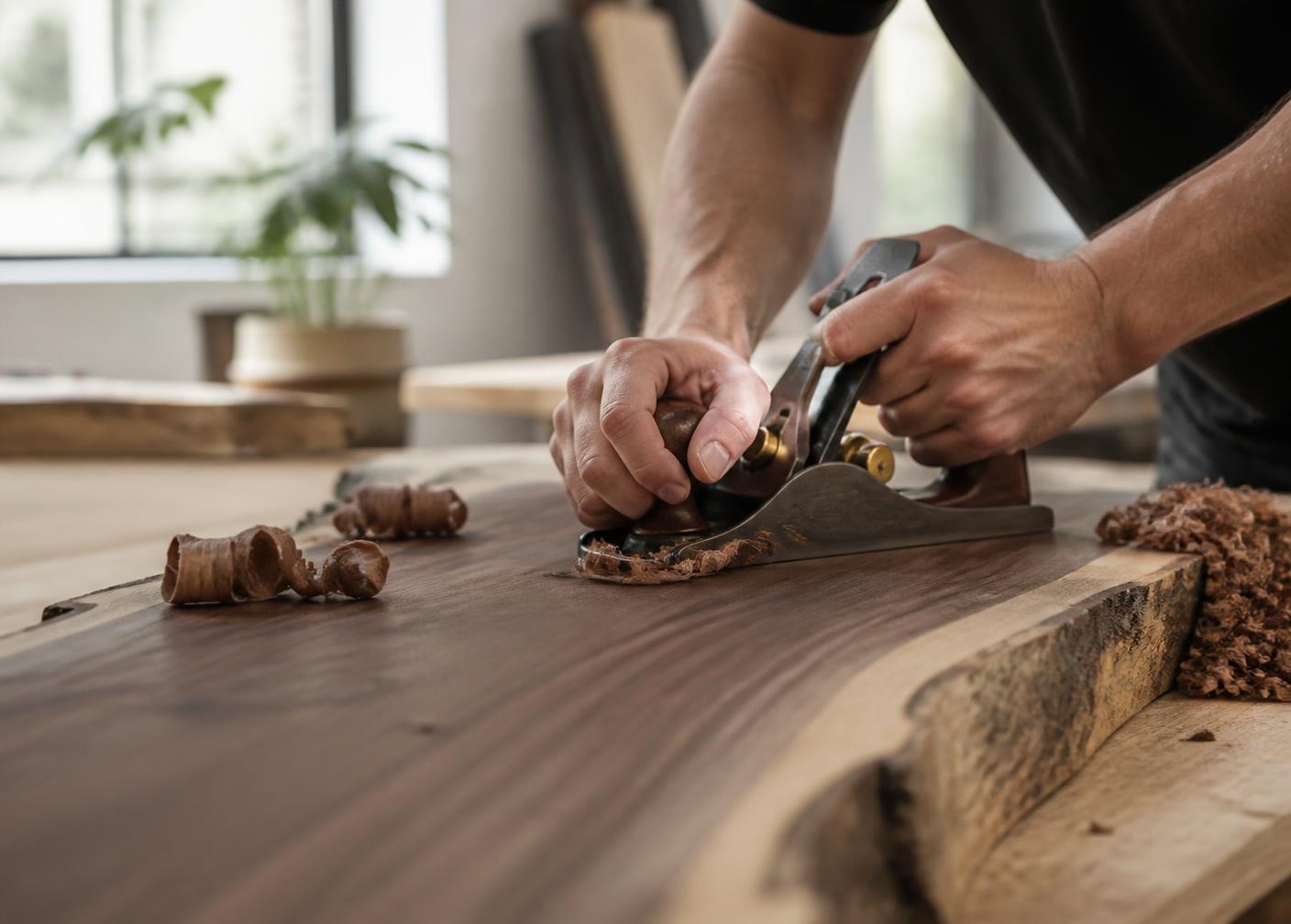 Craftsman hand-planing a live edge walnut slab in the Forest Visions workshop