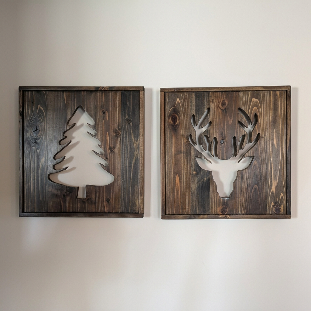 Pair of dark stained wood wall panels with tree and deer cutouts