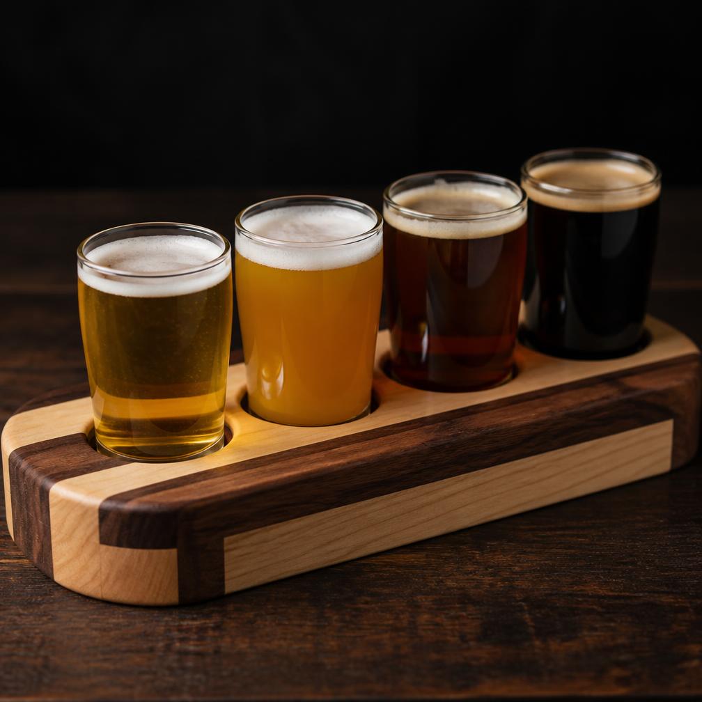 Custom wooden beer flight board with four tasting glasses