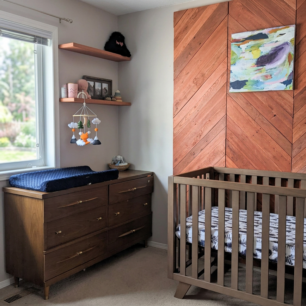 Handcrafted dark wood nursery dresser, crib and chevron feature wall