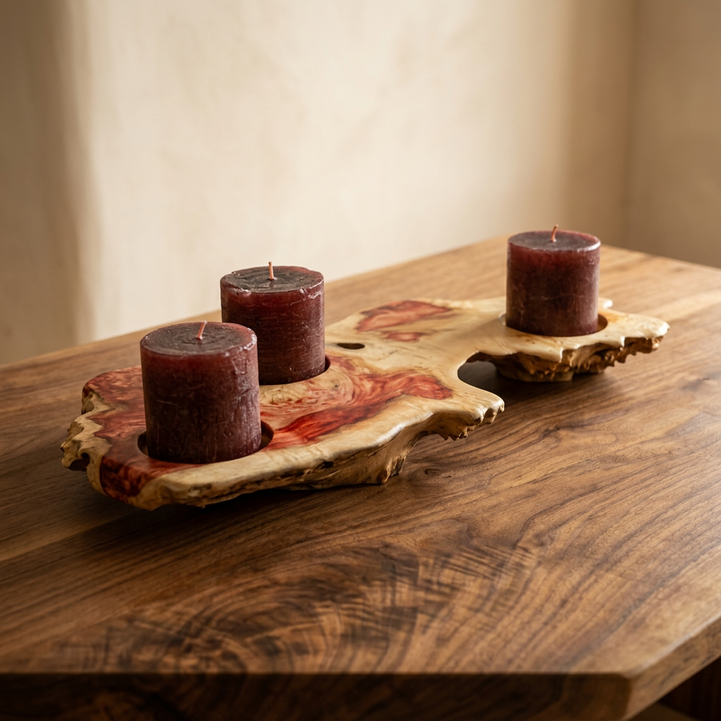 Handcrafted live edge candle holder with red resin details