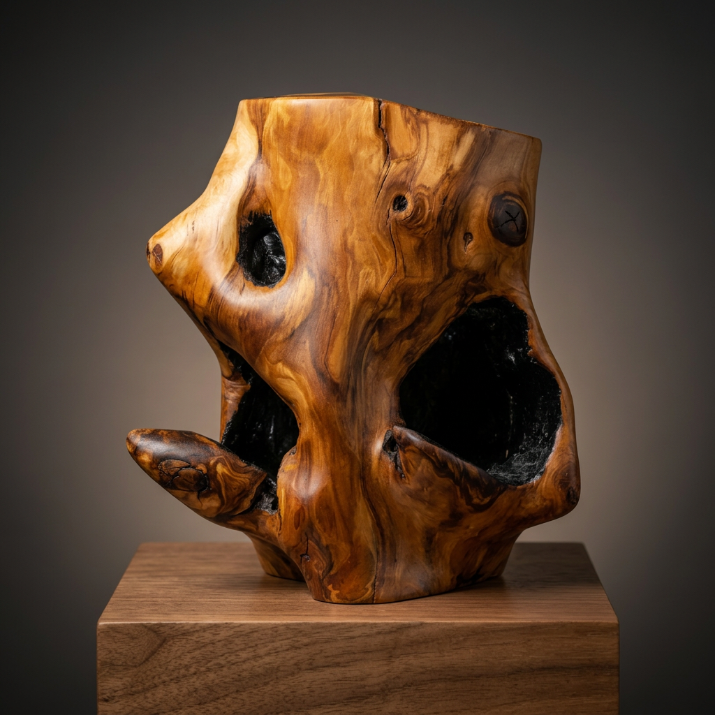 Sculptural natural wood vessel with black resin-filled cavities