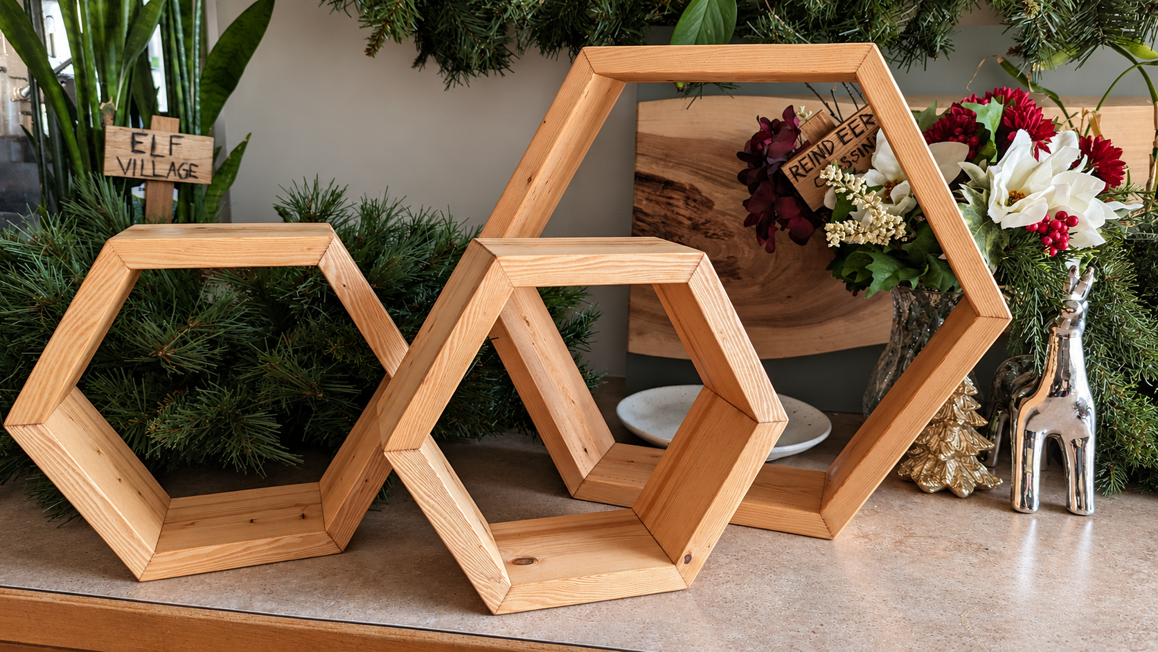 Set of three handcrafted hexagonal pine shelves