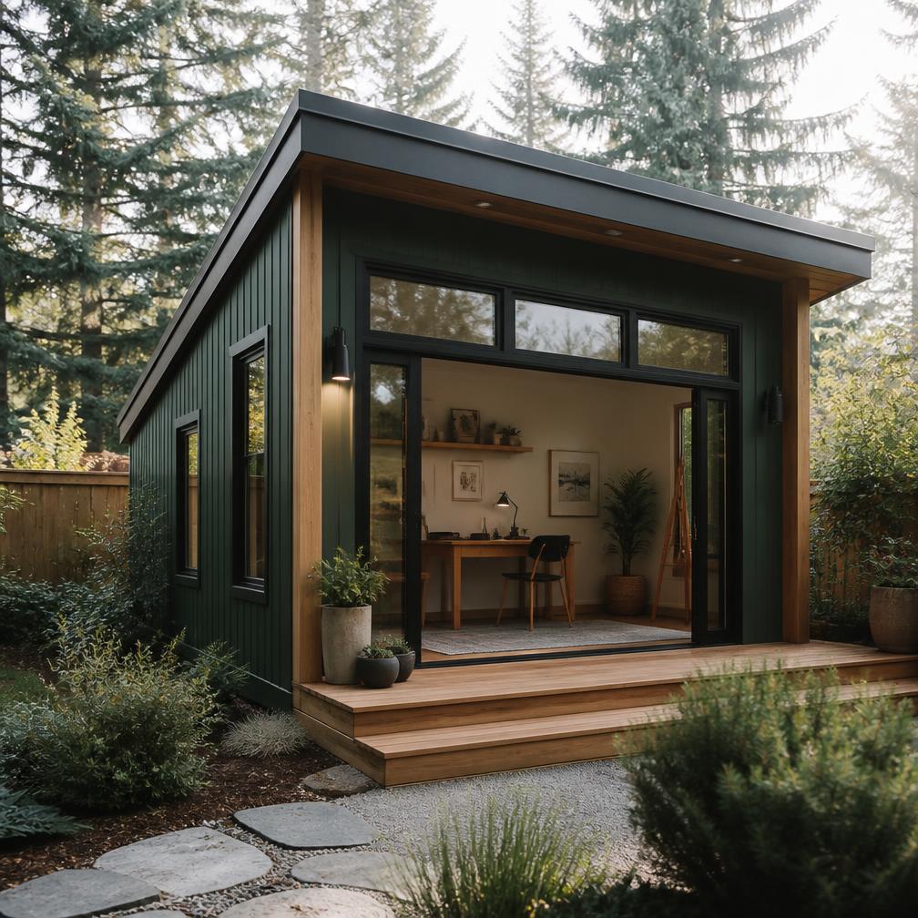 Modern backyard she shed studio with dark green siding among evergreens